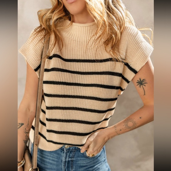 Tan & Black Striped Short Sleeve Ribbed Sweater Knit Top, High Collar - Picture 5 of 13